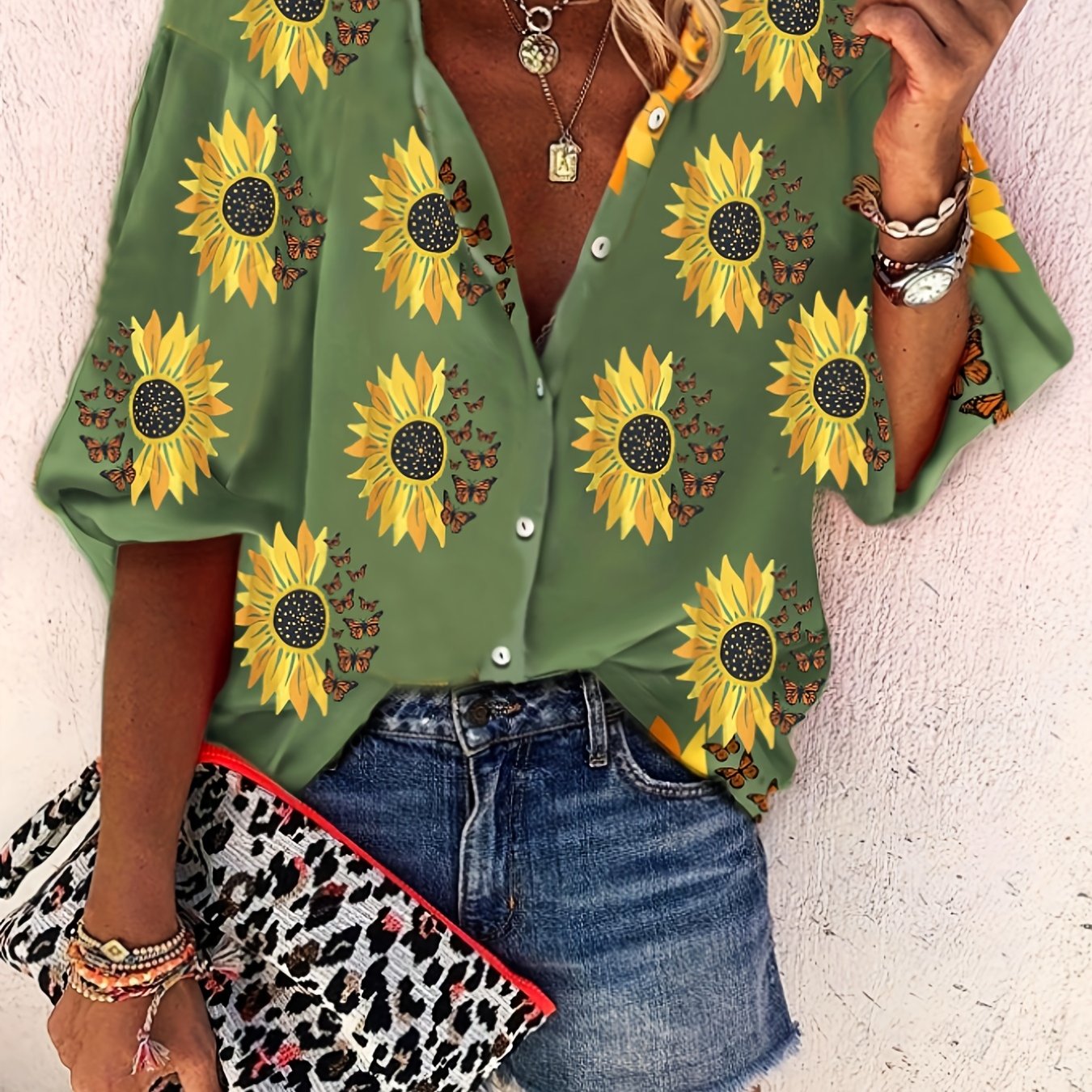  Sunflower & Butterfly Print Lantern Sleeve Button Up Shirt