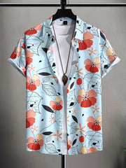 Men's Floral & Leaf Print Camp Collar Bowling Shirt