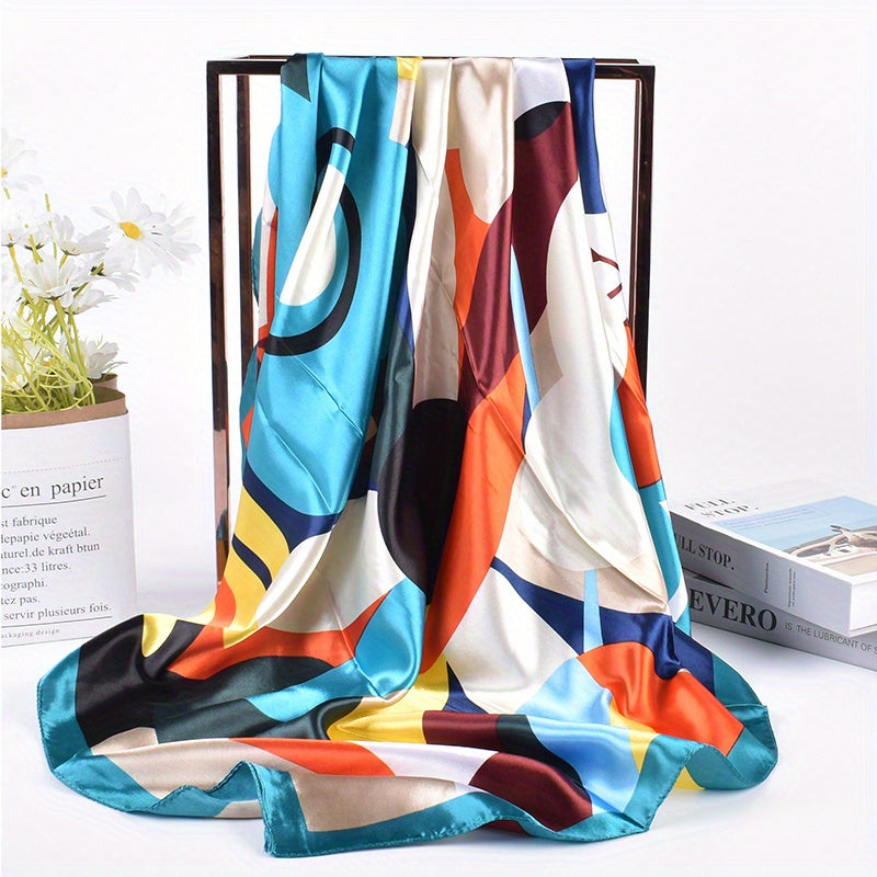 Colorful Geometric Print Bandana Black Square Scarf Silk Shawl