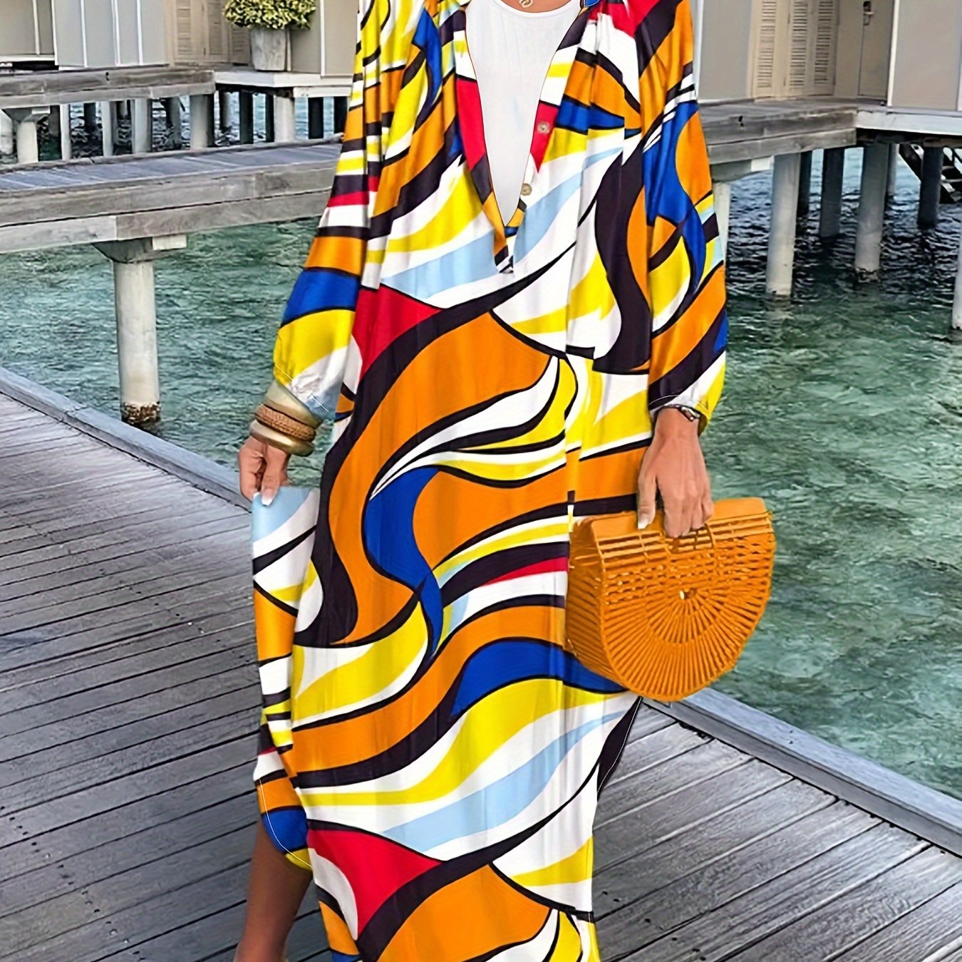  Colorblock Stripe Long Sleeve Maxi Dress