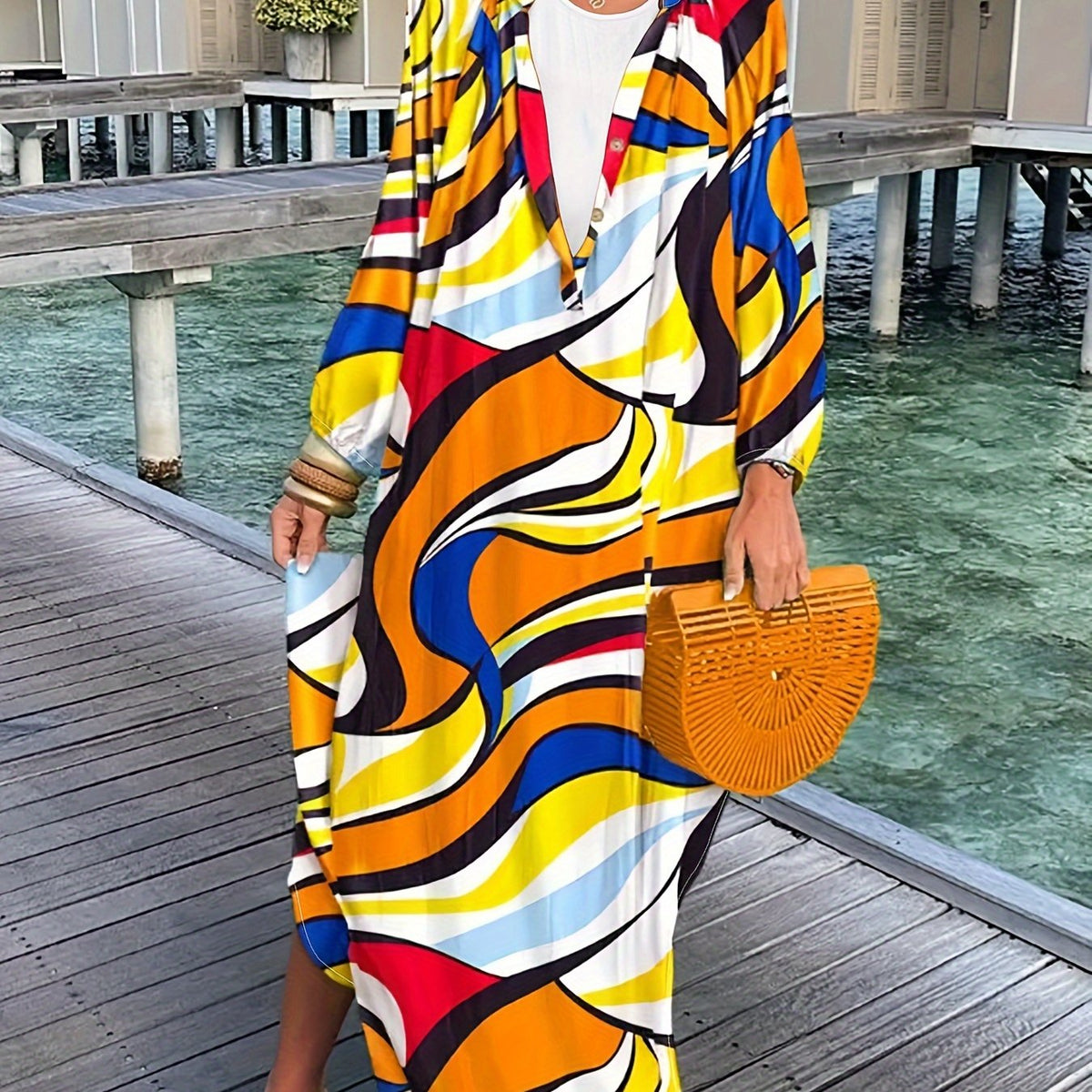 Colorblock Stripe Long Sleeve Maxi Dress