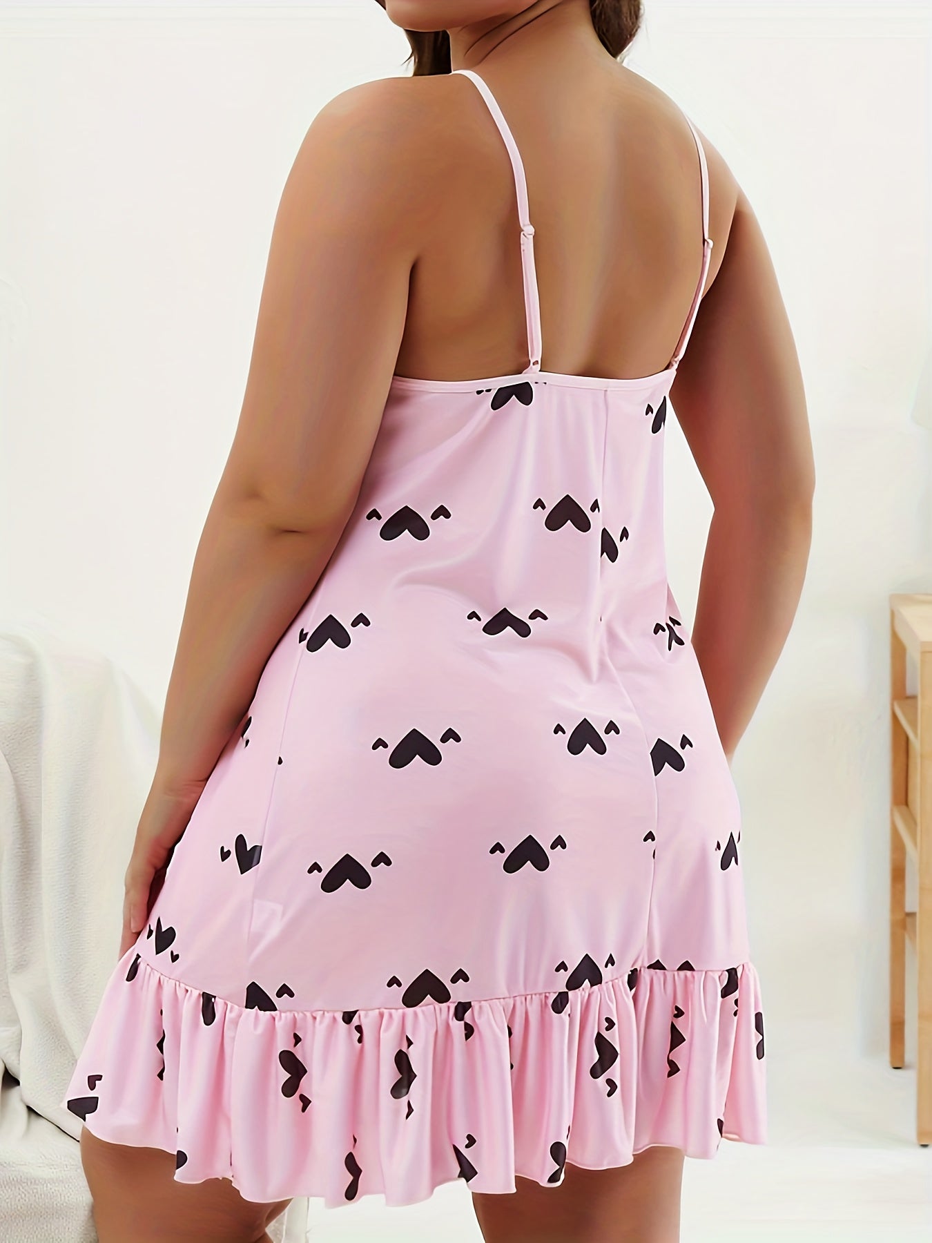  Heart Print Lace Trim V Neck Nightdress