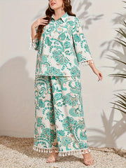  Floral Print Tassel Polo Neck Blouse & Wide Leg Pants Set