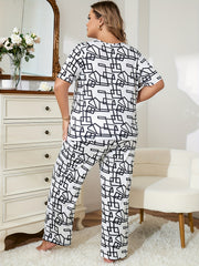 Satin Geometric Print Tee & Pants Pajama Set