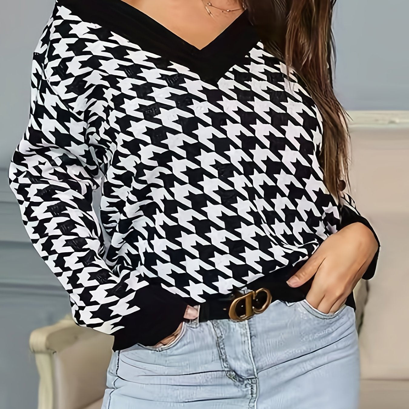  Casual Houndstooth Print V Neck Sweater