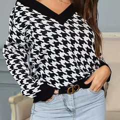  Casual Houndstooth Print V Neck Sweater