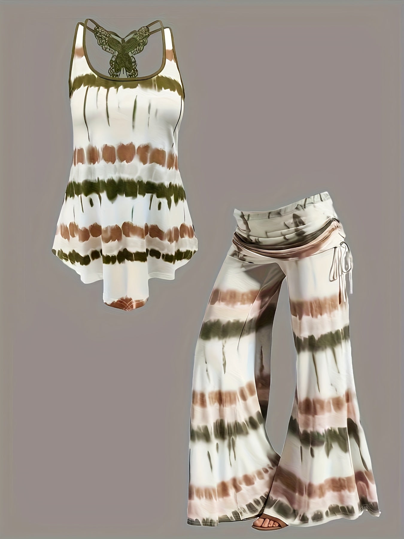 Women's Plus Tie Dye Striped Tank Top & Ruched Pants Outfits Set