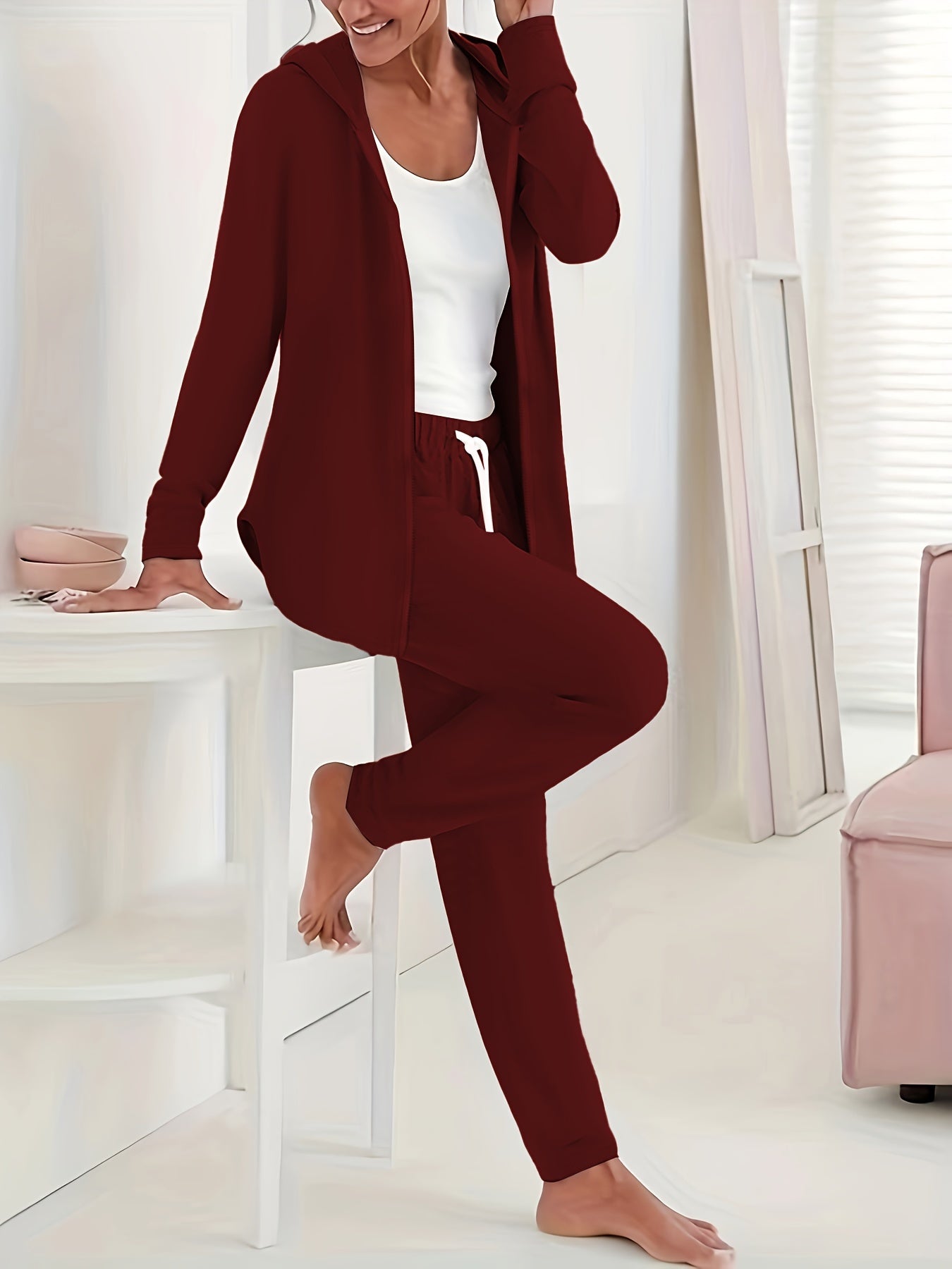  Solid Hooded Zip Coat & Drawstring Pants Set