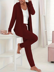 Solid Hooded Zip Coat & Drawstring Pants Set