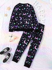 Star & Moon Reflective Girl's 2pcs Sweatshirt & Sweatpants Set