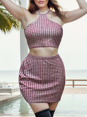 Houndstooth Print Two piece Set Backless Halter Top & Bag Hip Mini Skirts