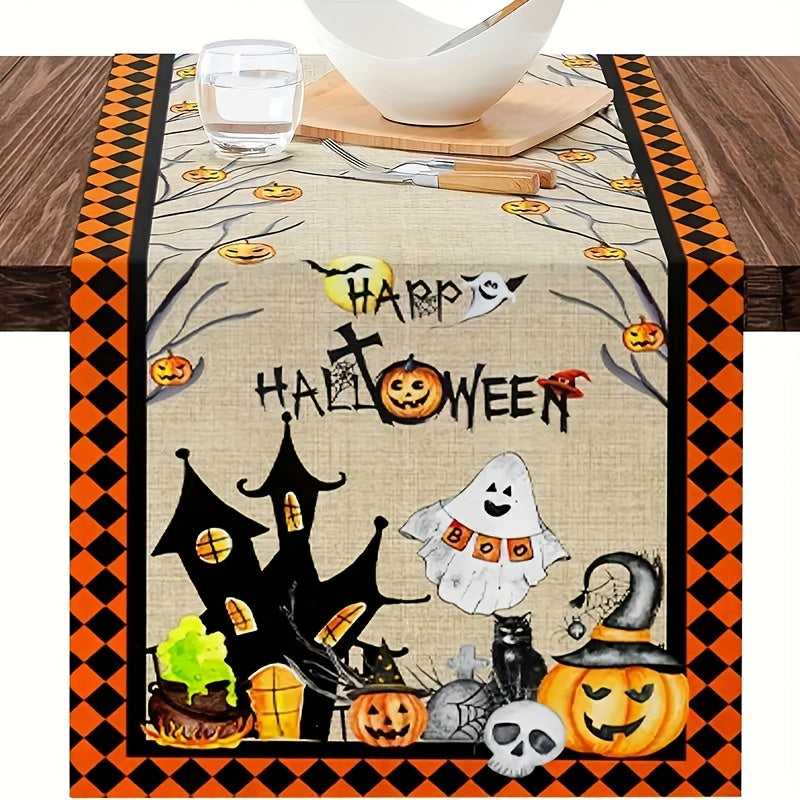 Polyester Table Runner Spooky Halloween Vintage Plaid Cat Skull Jack o' lantern