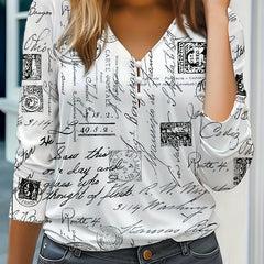  Graffiti Print Long Sleeve V Blouse