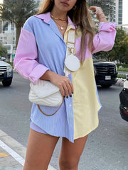  Colorblock Stripe Print Long Sleeve Tunic Shirt