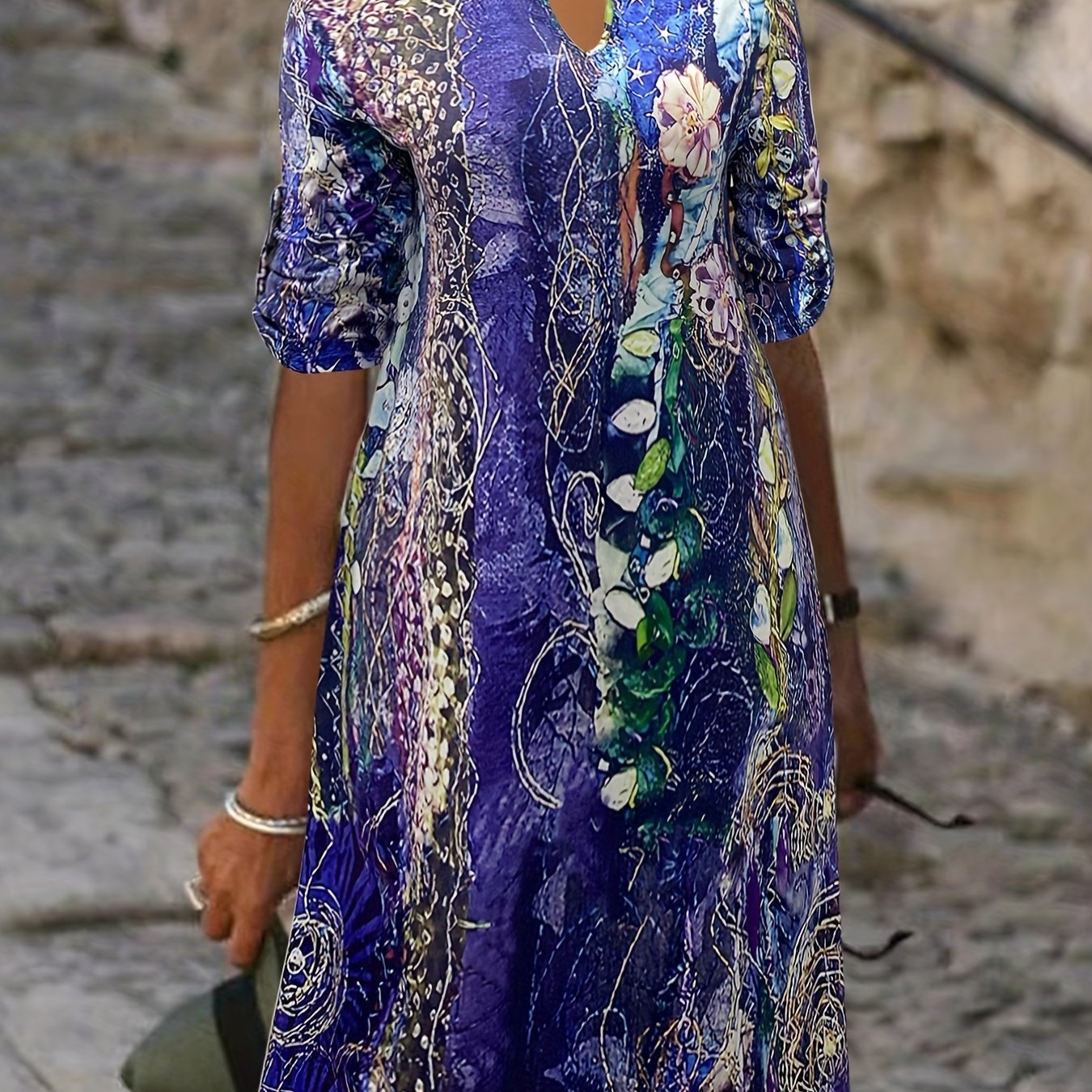  Floral Print Short Sleeve Notched Neck Dress
