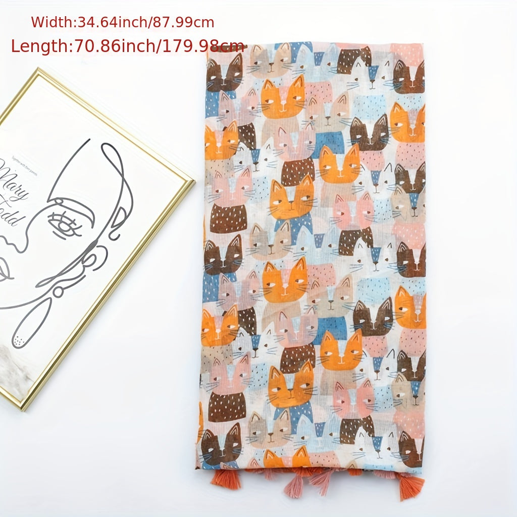 Kitty Printed Tassel Scarf Orange Cartoon Cat Shawl Women Sunscreen Headwrap