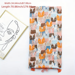 Kitty Printed Tassel Scarf Orange Cartoon Cat Shawl Women Sunscreen Headwrap