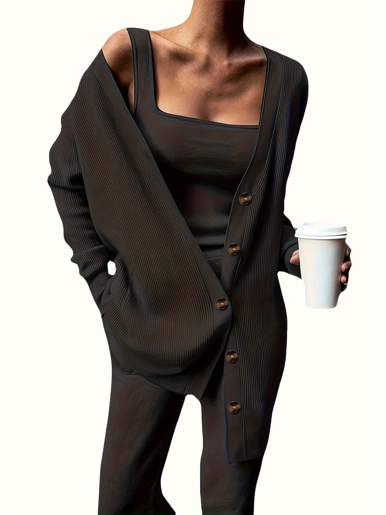  3 Piece Casual Outfit Set: Ribbed Cardigan, Tank Top & Pants