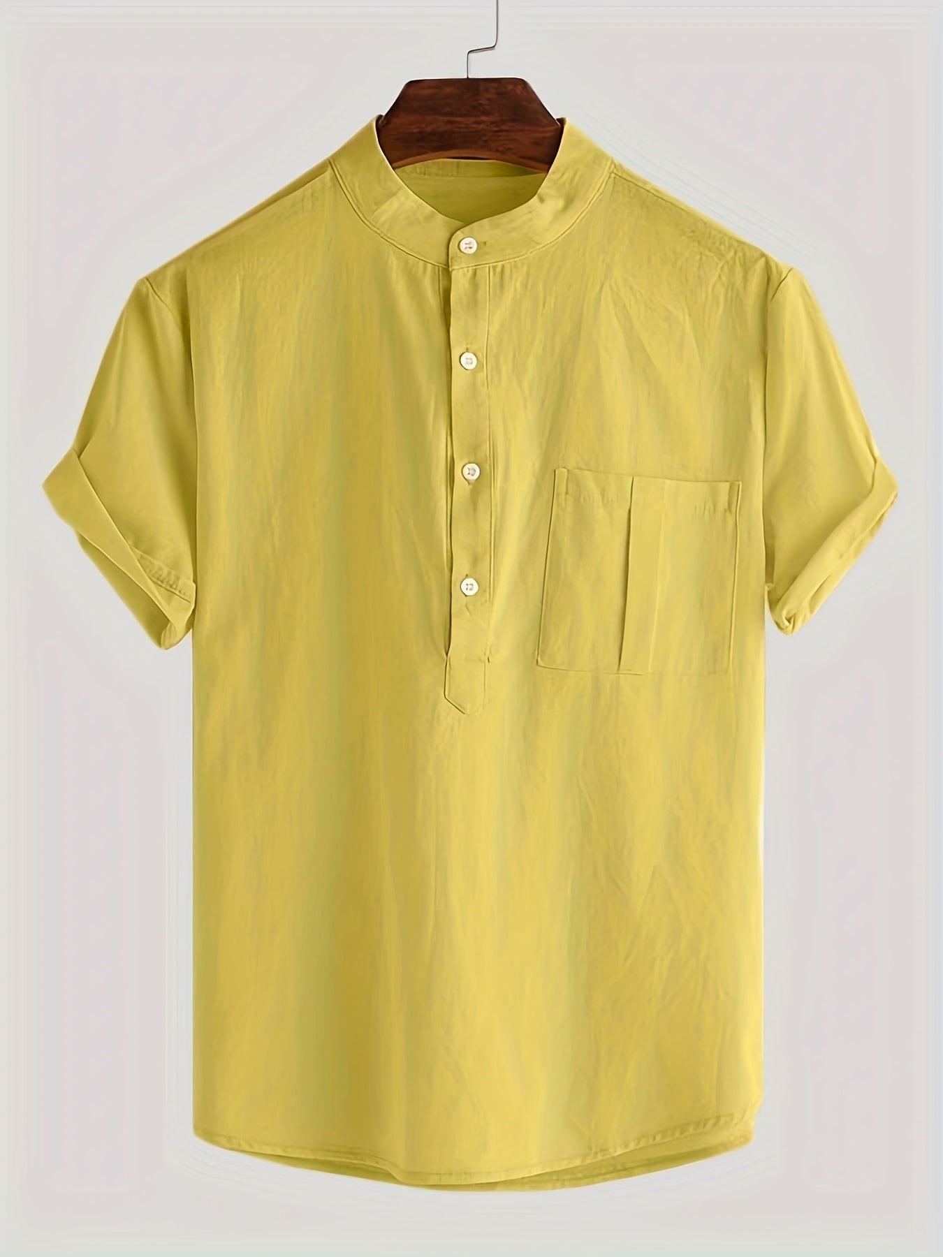 Men's Cotton Comfy Shirt Short Sleeve Crew Neck Pockets Shirt