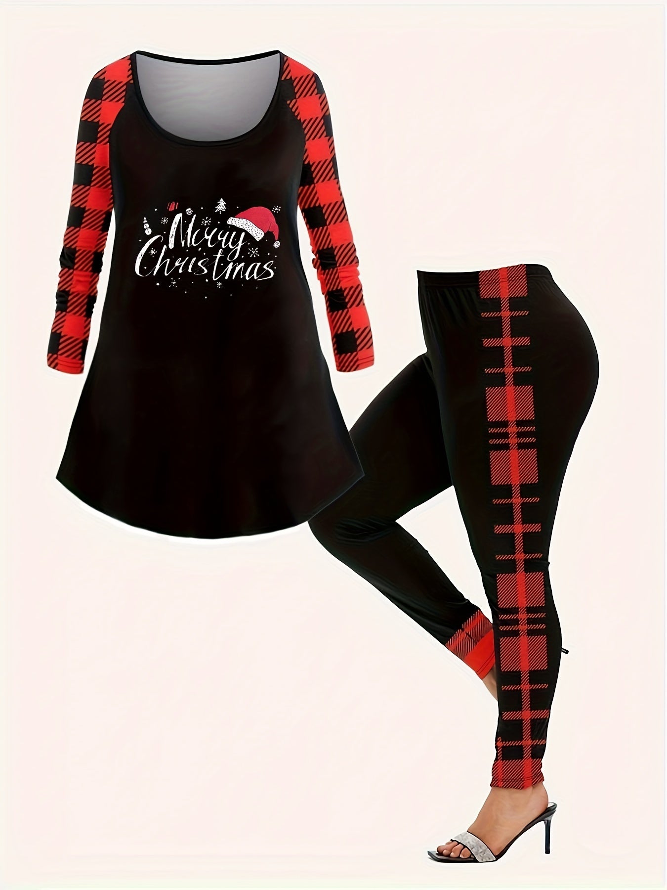 Plus Size Christmas Hat Plaid Raglan Top & Leggings Set