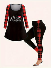Plus Size Christmas Hat Plaid Raglan Top & Leggings Set
