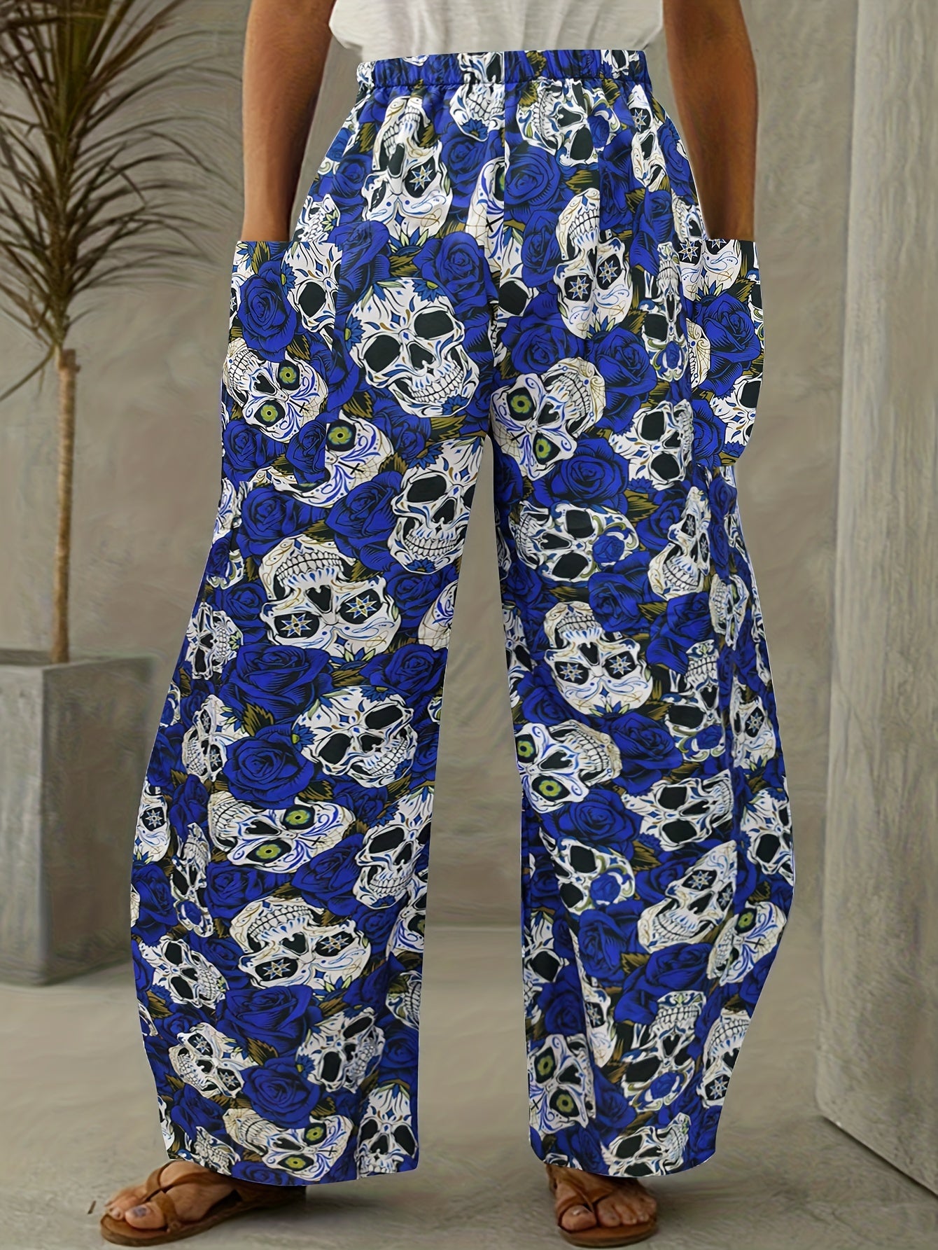  Women's Gothic Skull Print Wide Leg Trousers