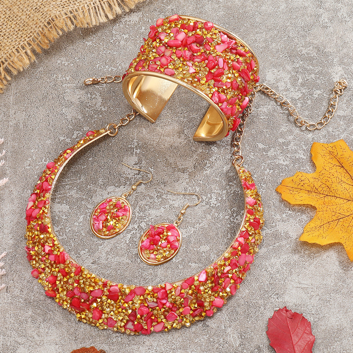 22K Plated Jewelry Set: Choker Necklace, Earrings, Bangle with Rhinestone
