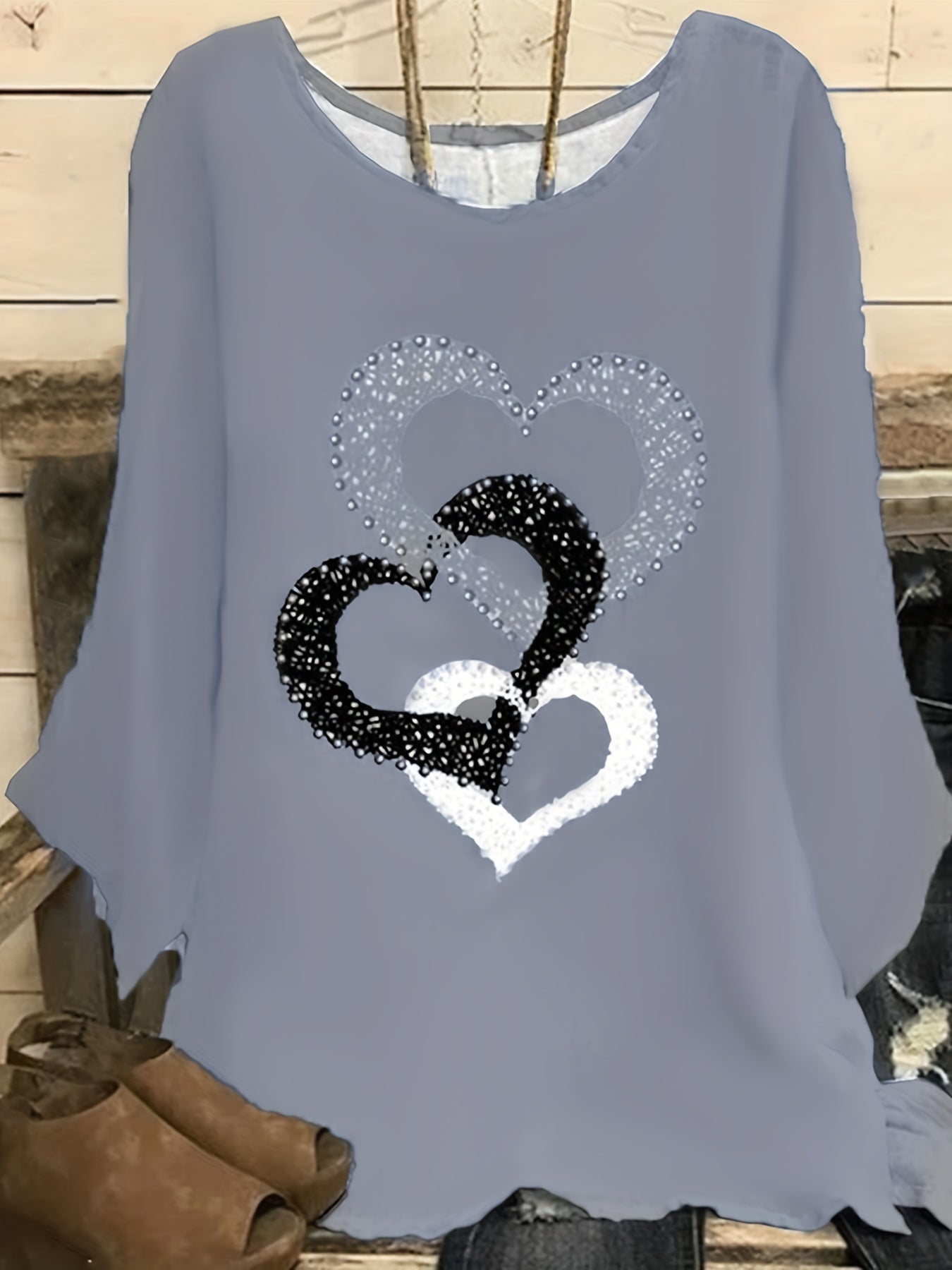  Heart Print Long Sleeve Round Neck Blouse