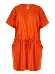  Casual Romper Women's Plus Solid Drawstring Cut Out Back Short Sleeve
