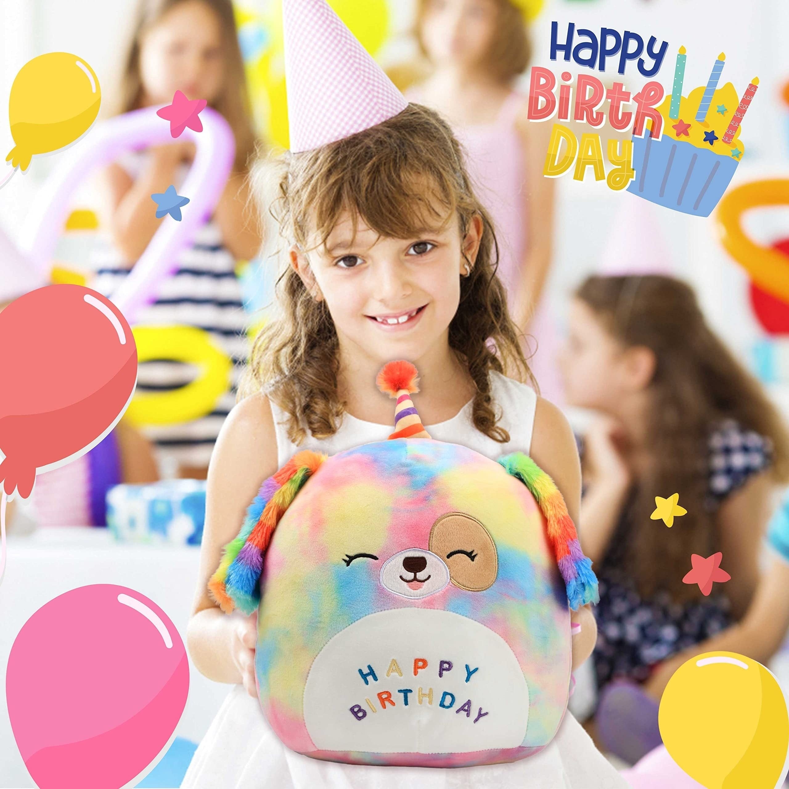 Rainbow Birthday Dog Plush Pillow Soft Puppy Plush Toy Dog Stuffed Animal