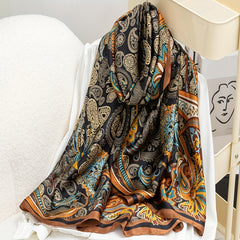 Boho Paisley Flower Print Scarf Satin Head Wrap Silky Shawl