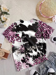 Girls Leopard Print Sunflower Graphic Tee Short Sleeve T Shirt
