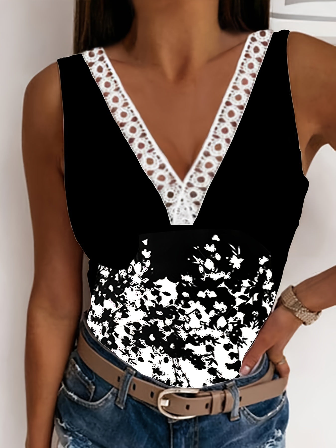 Floral Print Tank Top V Neck Casual Top Summer Spring
