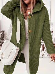  Solid Knit Long Sleeve Hooded Sweater Cardigan
