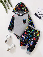 Baby Boy's Graffiti Print Triangle Hoodie Romper & Pants
