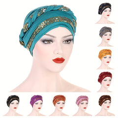 Sequin Braid Turban Cap Solid Pre tied Hijab Head Wraps