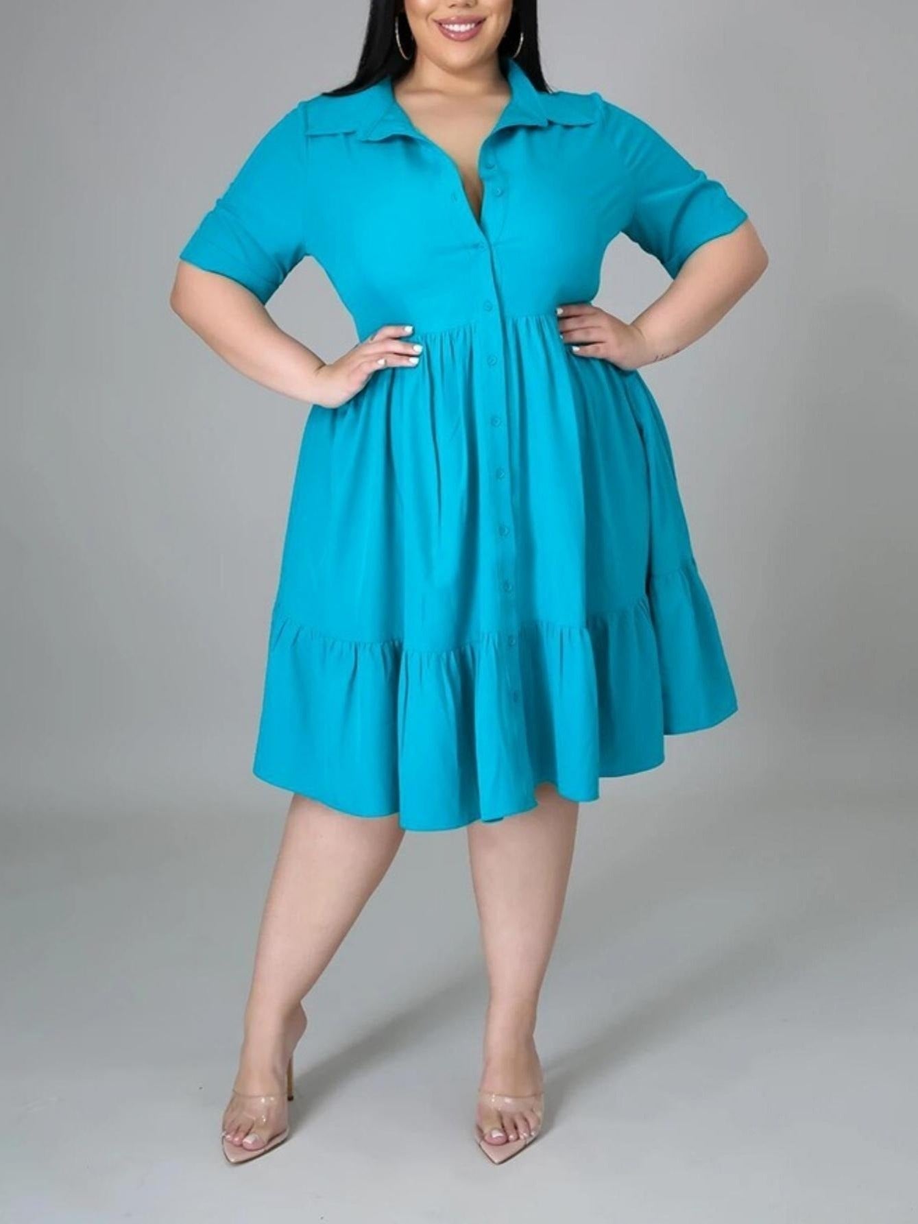 Solid Casual Knee Length Ruffle Dress Spring Fall Dress