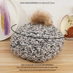 Women's Woolen Beanie Hat with Faux Fox Fur Pom Pom