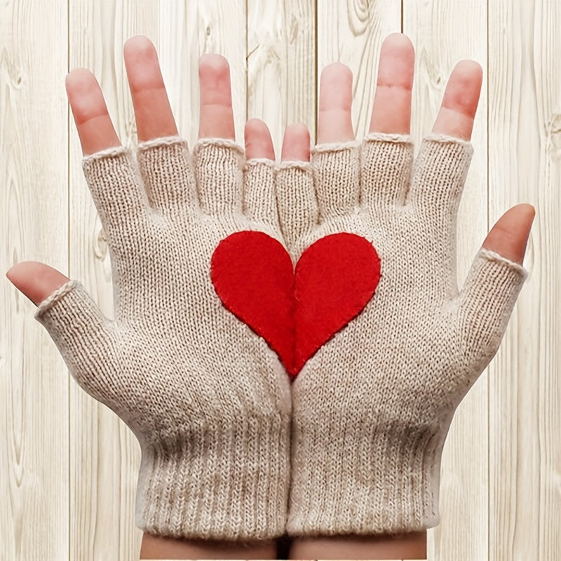 Khaki Half Finger Gloves Heart Patch Warmer Knit Gloves