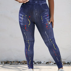  Denim & Painting Print Leggings - Stretchy Skinny Leggings