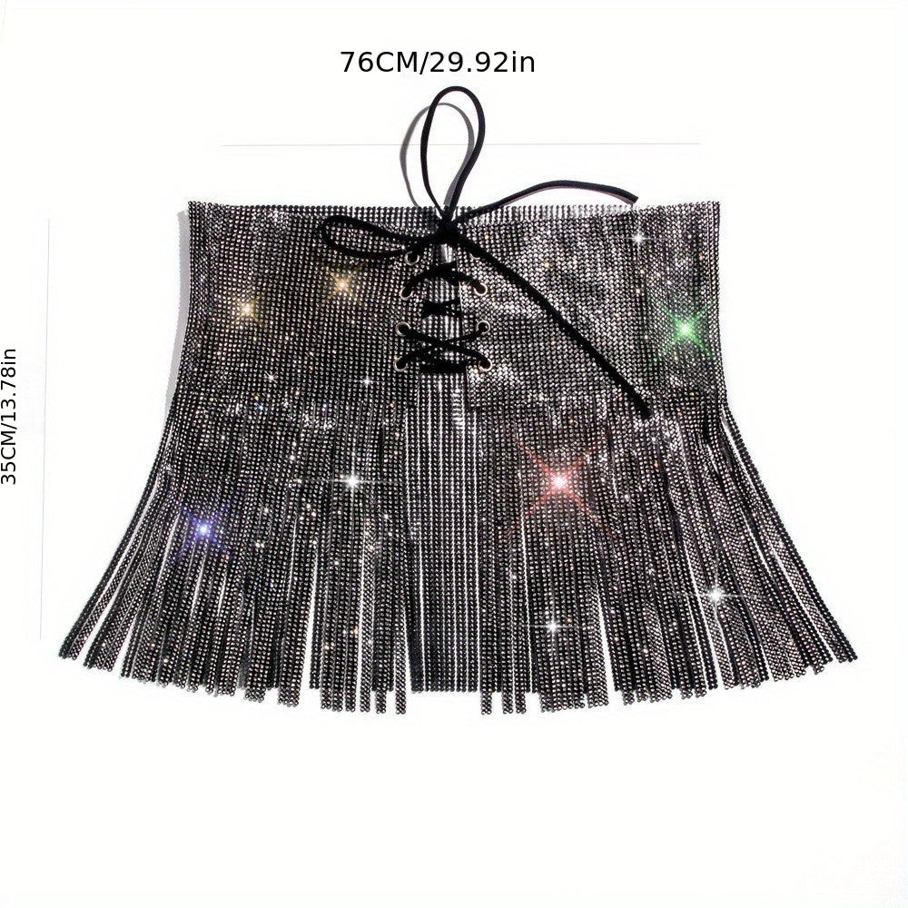 Rhinestone Tassel Skirt Belt Y2K Sparkly Wrap Sexy Fringe Waistband