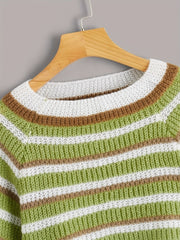  Y2K Striped Bell Sleeve Crew Neck Crop Sweater