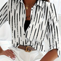  Stripe Print Button Up Long Sleeve Blouse