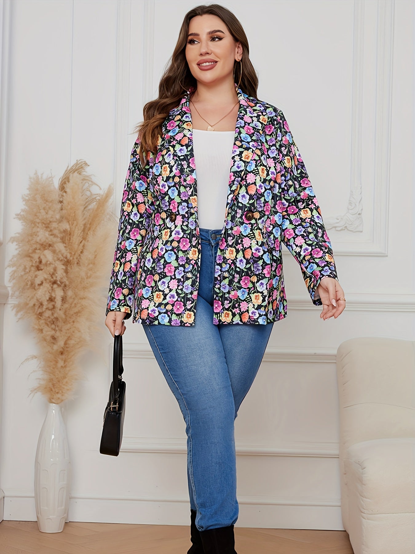  Floral Print Long Sleeve Blazer