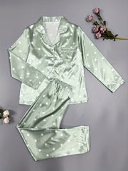 Heart Print Pajama Set Long Sleeve Buttons Top & Elastic Waistband Pants
