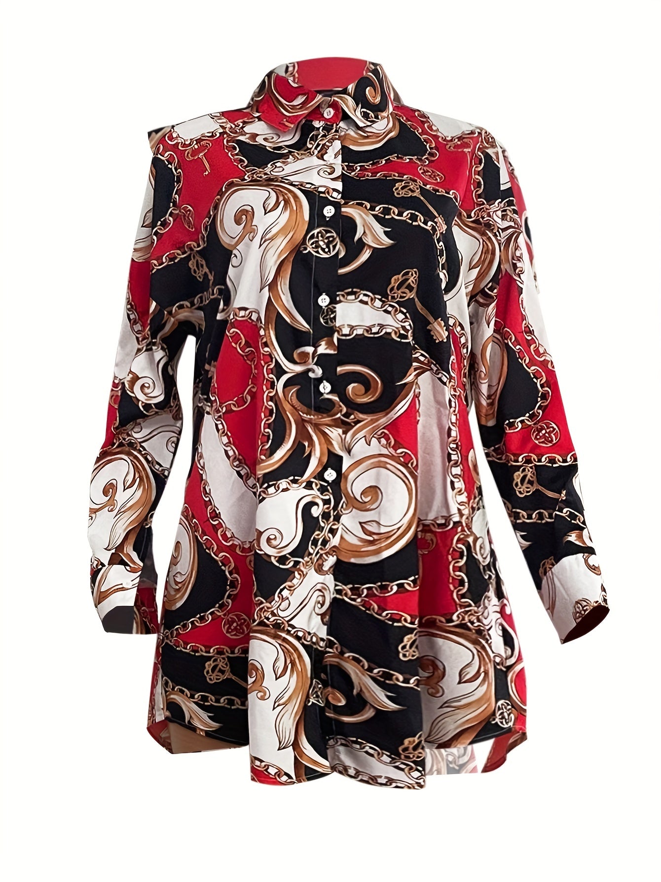  Colorblock Baroque Print Button Up Long Sleeve Shirt Dress