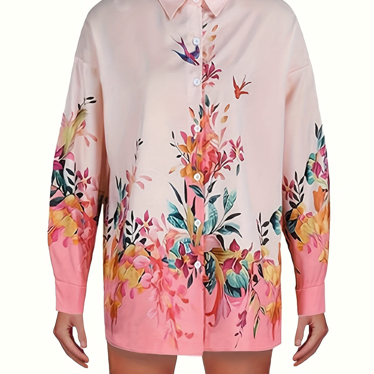  Blouse Women's Plus Bird Print Long Sleeve Button Up Tunic Top