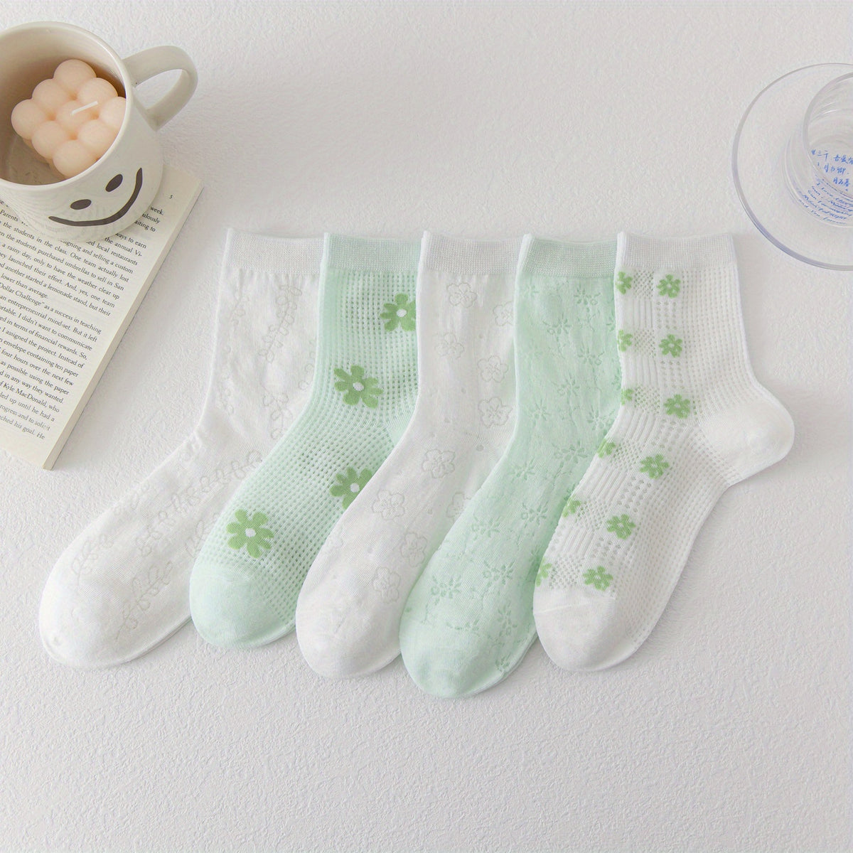 5 Pairs Floral Crew Socks Women's Stockings