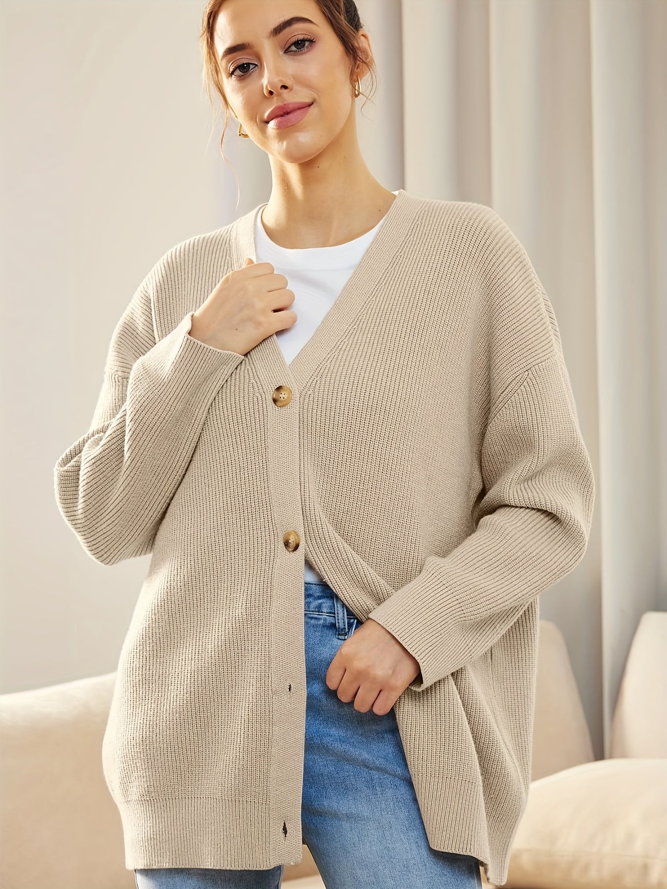  Solid Button Up Long Sleeve V Neck Cardigan
