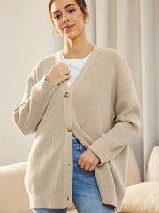  Solid Button Up Long Sleeve V Neck Cardigan